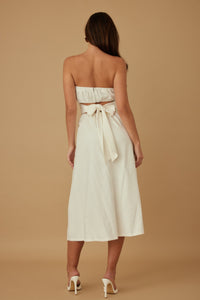 Secret Garden Linen Strapless Midi Dress-Women's Strapless Linen Dress. Crafted from a linen-look textured fabric, this strapless silhouette brings timeless charm with a modern, romantic twist. -Reef Love Boho-Chic Boutique