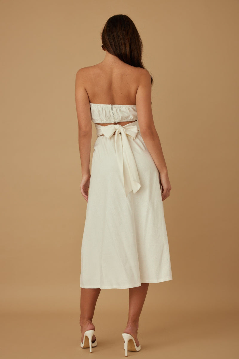 Secret Garden Linen Strapless Midi Dress-Women's Strapless Linen Dress. Crafted from a linen-look textured fabric, this strapless silhouette brings timeless charm with a modern, romantic twist. -Reef Love Boho-Chic Boutique