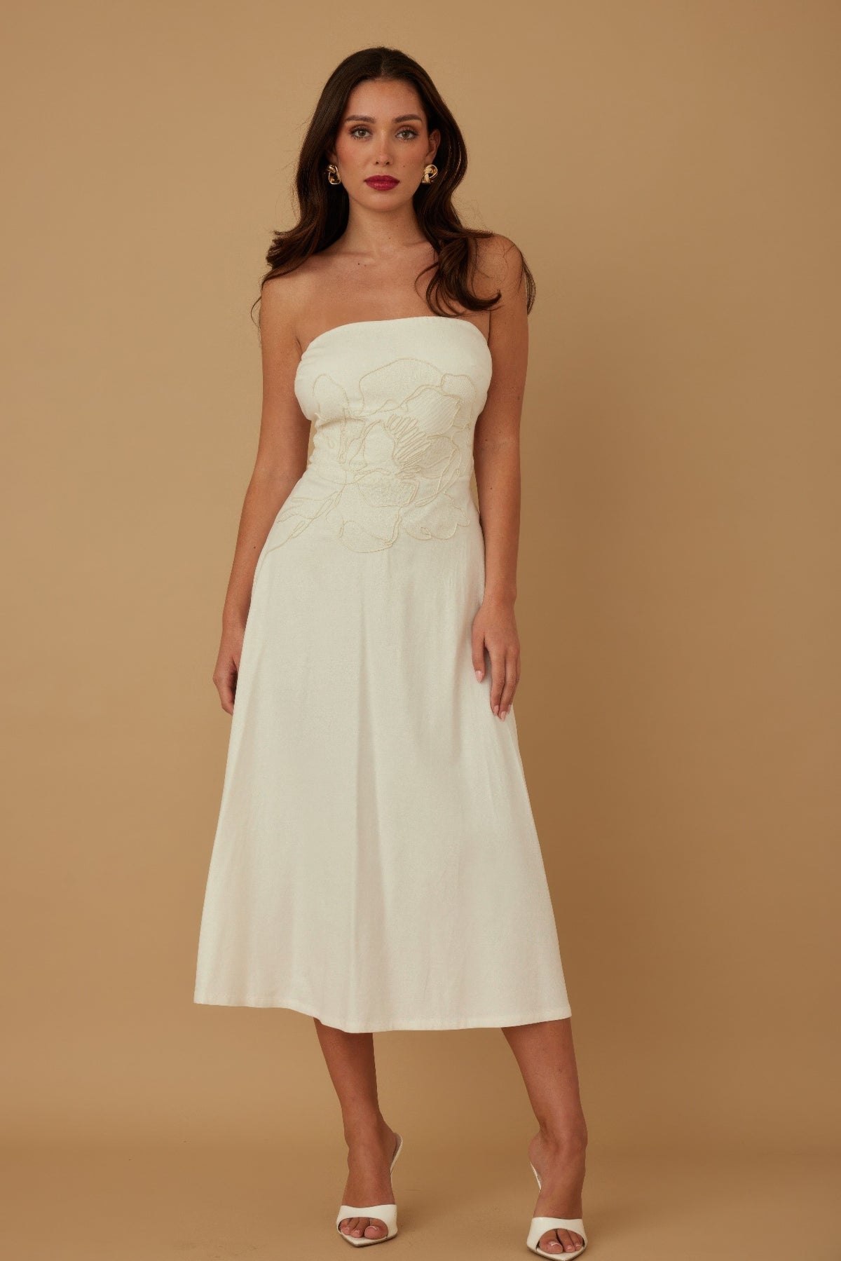 Secret Garden Linen Strapless Midi Dress-Women's Strapless Linen Dress. Crafted from a linen-look textured fabric, this strapless silhouette brings timeless charm with a modern, romantic twist. -Reef Love Boho-Chic Boutique