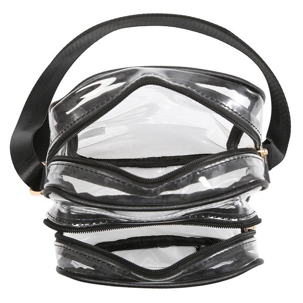 See Through Multi Compartment Crossbody Bag-See Thru Multi Compartment Crossbody Bag - Stadium Approved. Clear Multi Compartment Crossbody Bag. Transparent material, Zip Closure.