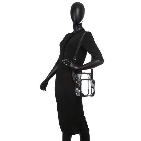 See Through Multi Compartment Crossbody Bag-See Thru Multi Compartment Crossbody Bag - Stadium Approved. Clear Multi Compartment Crossbody Bag. Transparent material, Zip Closure.