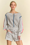 Sequin Detail Colorblock Off-Shoulder Two-Piece Athleisure Set-Top and Drawstring Shorts Set-Reef Love