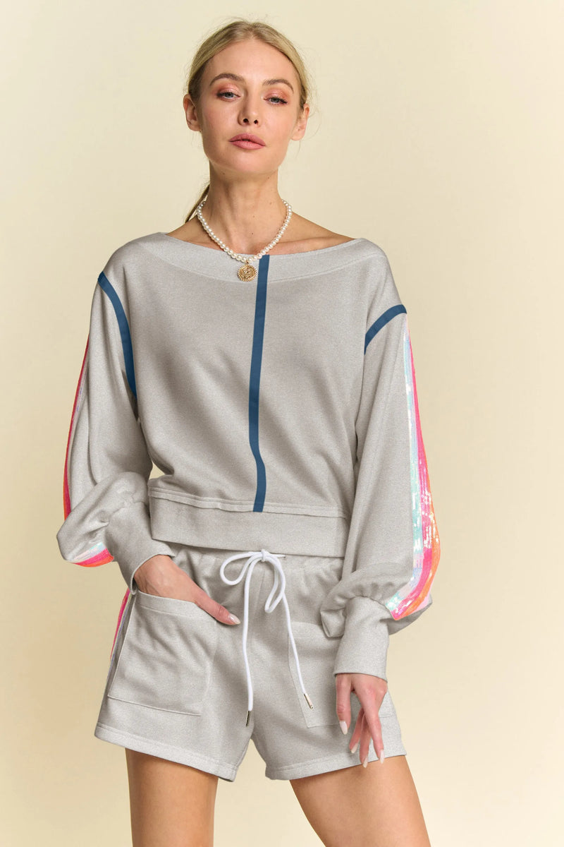 Sequin Detail Colorblock Off-Shoulder Two-Piece Athleisure Set-Top and Drawstring Shorts Set-Reef Love