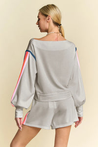 Sequin Detail Colorblock Off-Shoulder Two-Piece Athleisure Set-Top and Drawstring Shorts Set-Reef Love