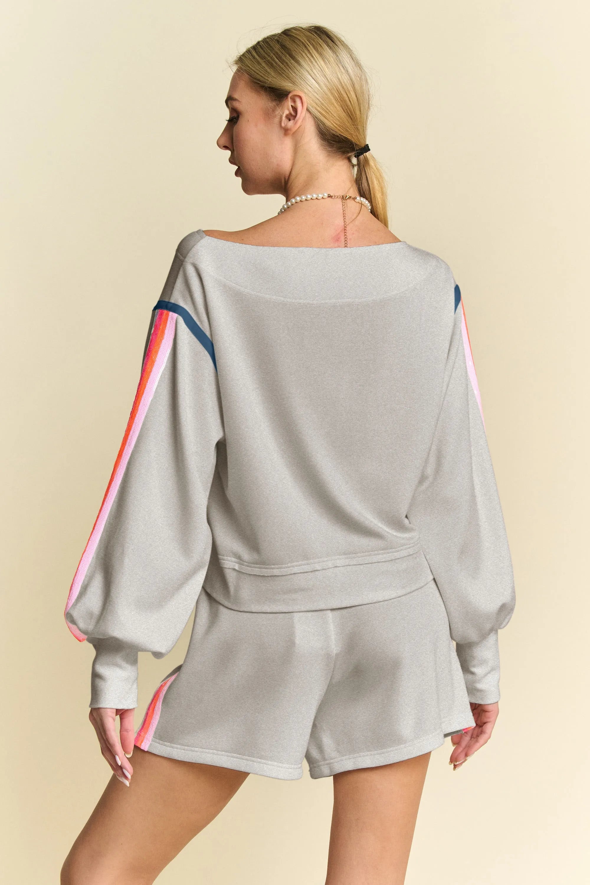 Sequin Detail Colorblock Off-Shoulder Two-Piece Athleisure Set-Top and Drawstring Shorts Set-Reef Love