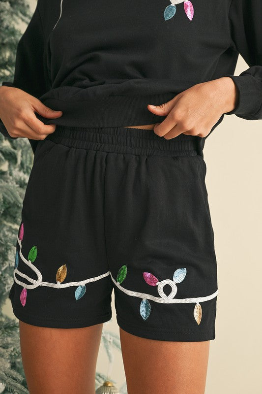 Sequin Merry Pullover and Shorts Lounge Set-Perfect for adding sparkle to your lounge wardrobe. Embrace the festive holiday spirit with the sparkling sequin detailing pullover and shorts loungewear set.-Reef Love