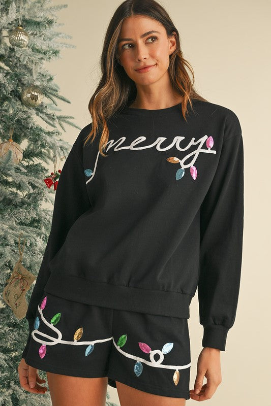 Sequin Merry Pullover and Shorts Lounge Set-Perfect for adding sparkle to your lounge wardrobe. Embrace the festive holiday spirit with the sparkling sequin detailing pullover and shorts loungewear set.-Reef Love