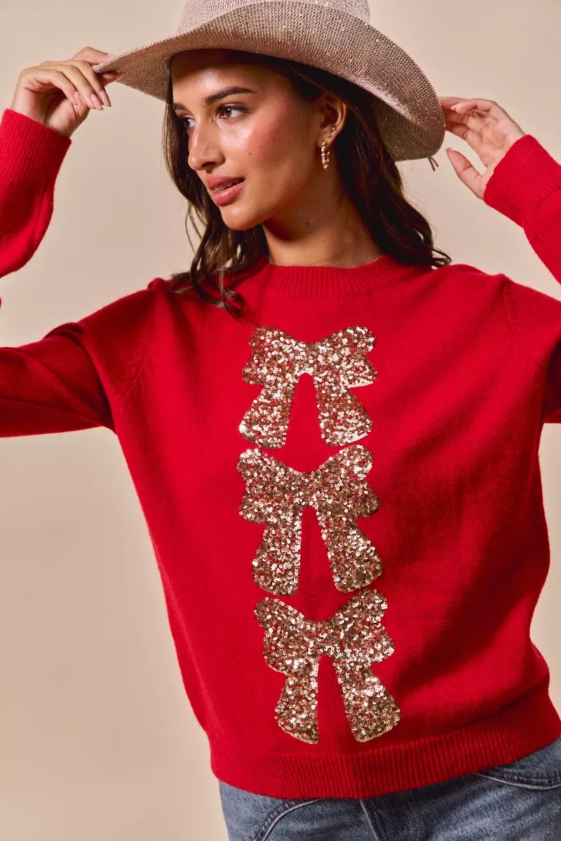 Sequins Bow Embellished Christmas Sweater, Red