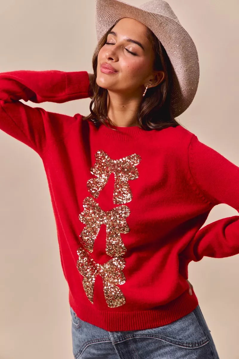 Sequins Bow Embellished Christmas Sweater, Red