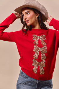 Sequins Bow Embellished Christmas Sweater, Red