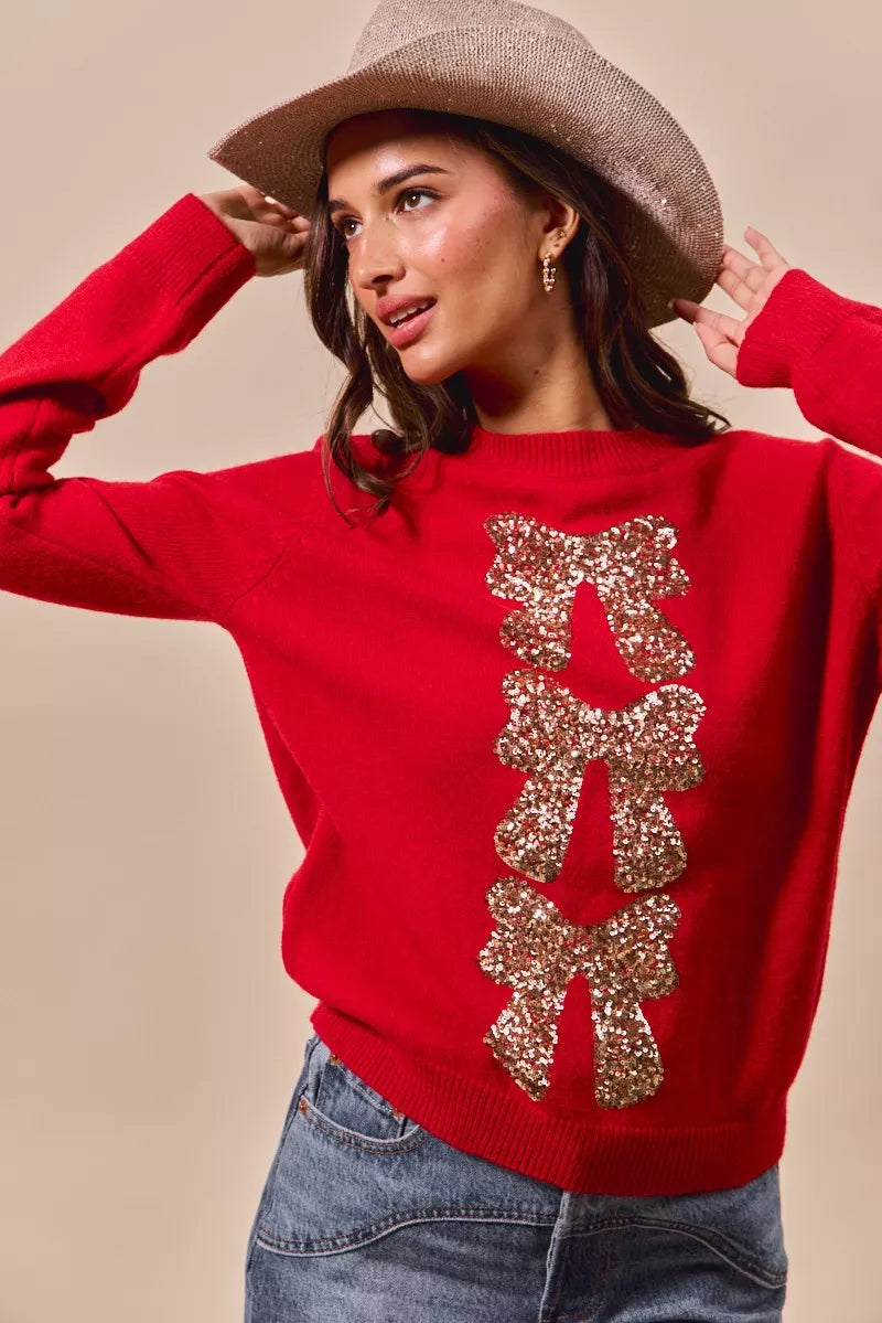 Sequins Bow Embellished Christmas Sweater, Red