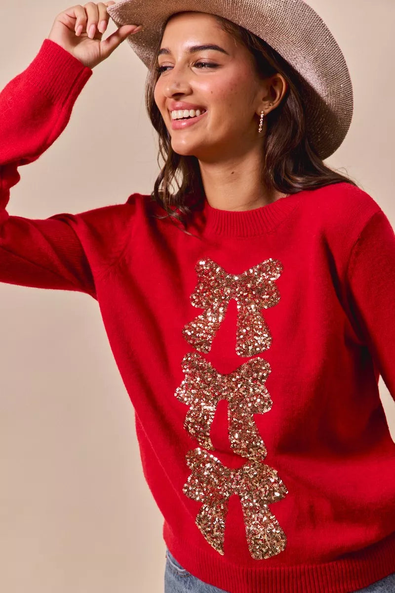 Sequins Bow Embellished Christmas Sweater, Red