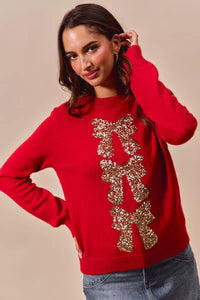 Sequins Bow Embellished Christmas Sweater, Red