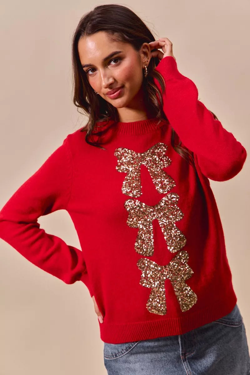 Sequins Bow Embellished Christmas Sweater, Red