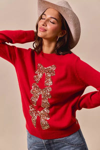 Sequins Bow Embellished Christmas Sweater, Red