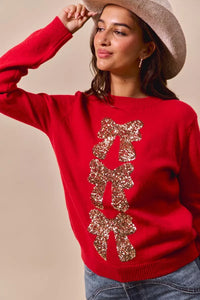 Sequins Bow Embellished Christmas Sweater, Red