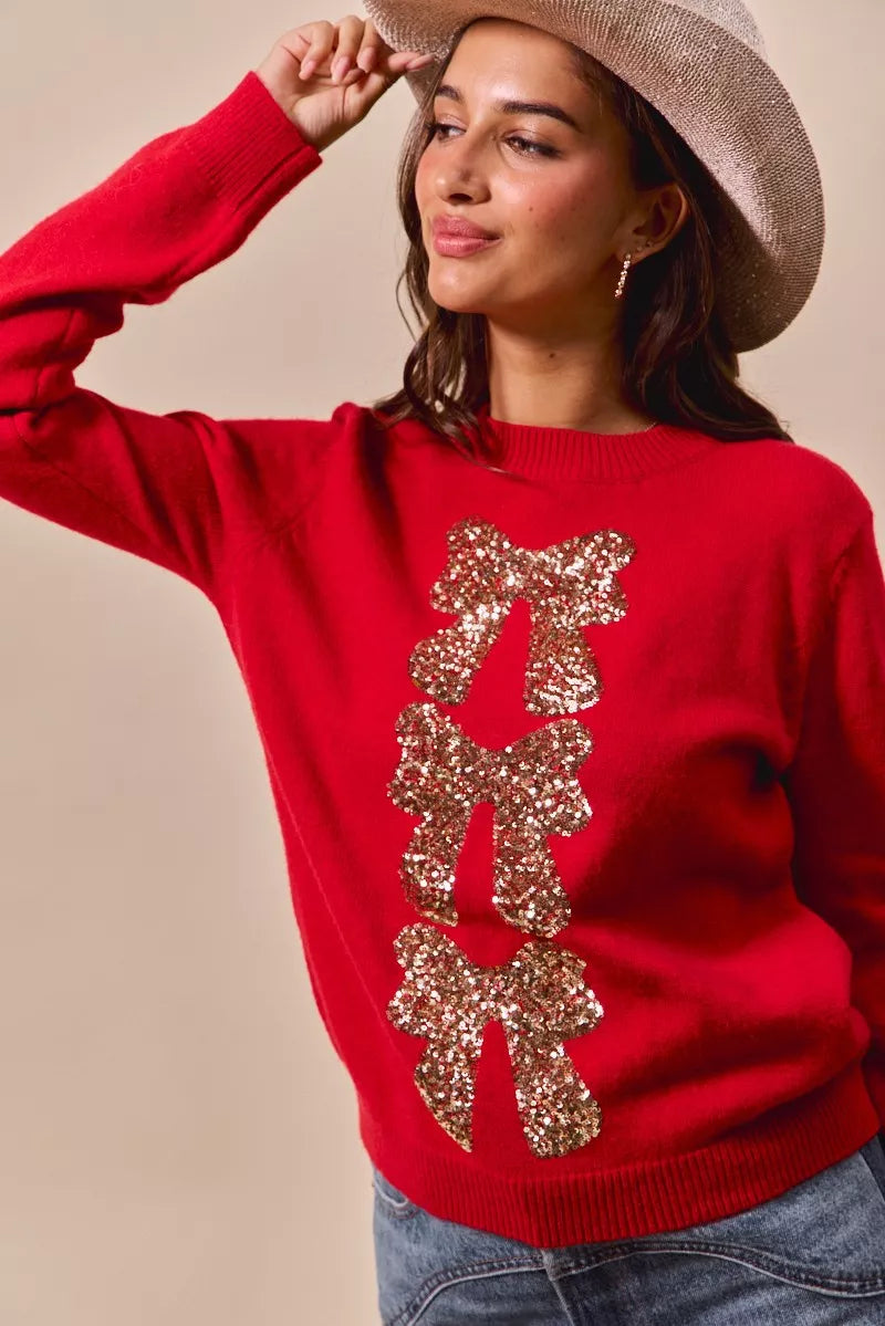 Sequins Bow Embellished Christmas Sweater, Red