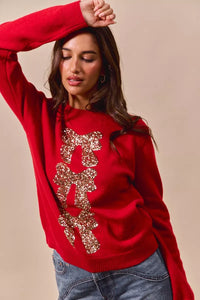 Sequins Bow Embellished Christmas Sweater, Red