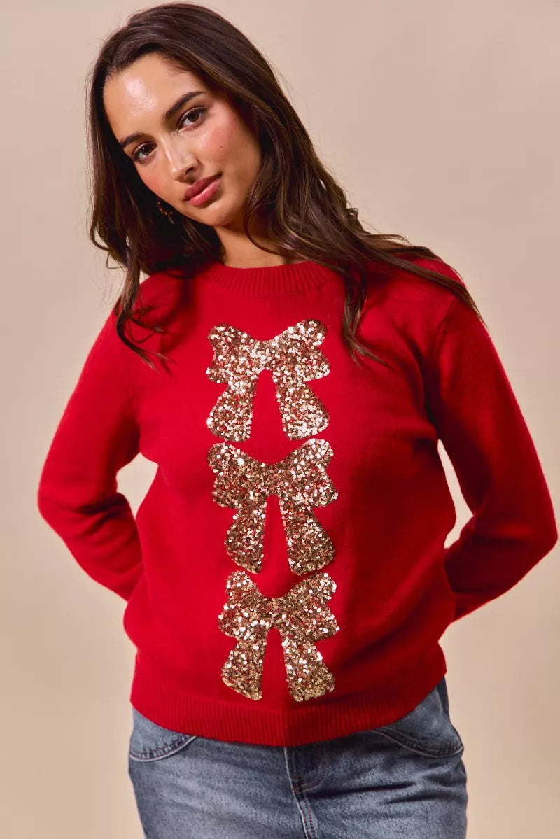 Sequins Bow Embellished Christmas Sweater, Red