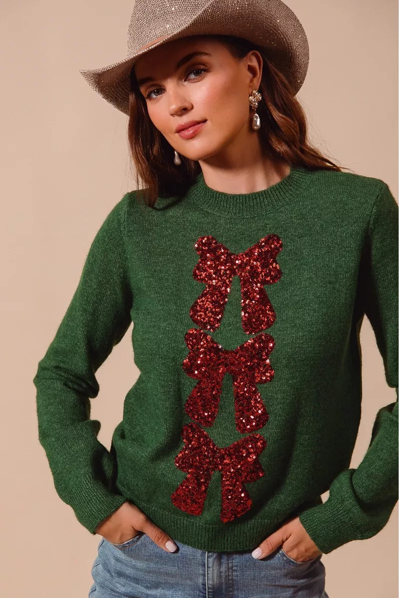 Sequins Red Bow Embellished Christmas Sweater-Reef Love