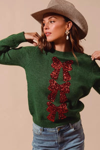 Sequins Red Bow Embellished Christmas Sweater-Reef Love