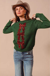 Sequins Red Bow Embellished Christmas Sweater-Reef Love