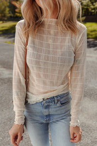 Sheer Plaid Mesh Lettuce Trim Long Sleeve Top