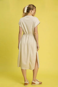 Side Slit Short Sleeve Midi Tee Dress-Women's midi tee dress blends laid-back comfort with easy style. Made from a soft cotton blend in a neutral beige tone, it features a classic crew neckline.-Reef Love Boho-Chic Boutique
