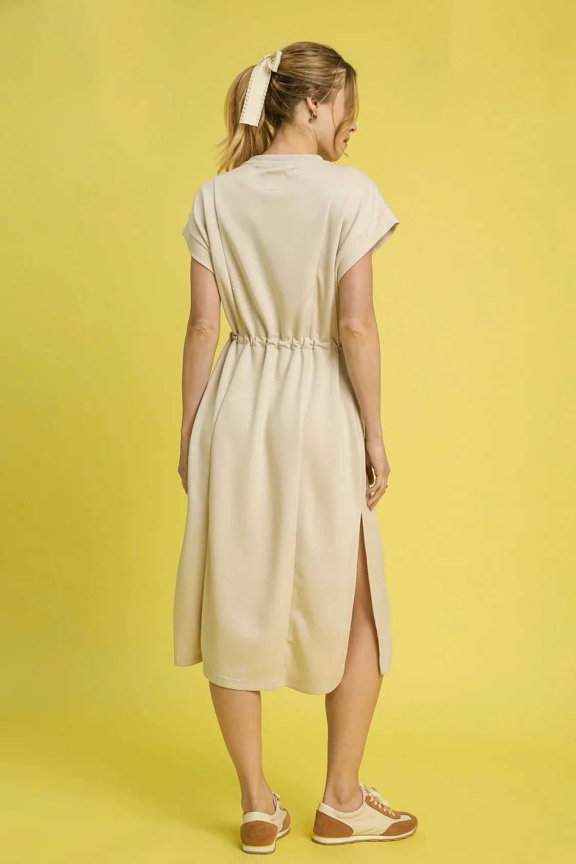Side Slit Short Sleeve Midi Tee Dress-Women's midi tee dress blends laid-back comfort with easy style. Made from a soft cotton blend in a neutral beige tone, it features a classic crew neckline.-Reef Love Boho-Chic Boutique