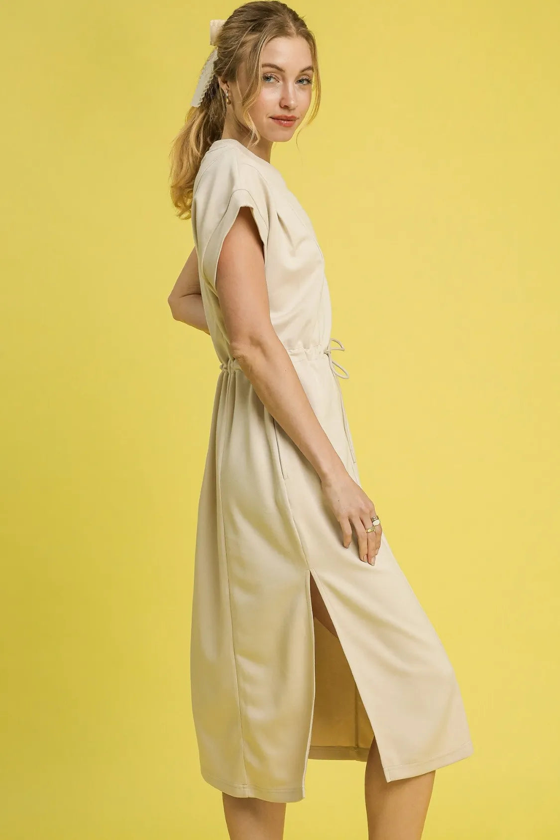 Side Slit Short Sleeve Midi Tee Dress-Women's midi tee dress blends laid-back comfort with easy style. Made from a soft cotton blend in a neutral beige tone, it features a classic crew neckline.-Reef Love Boho-Chic Boutique