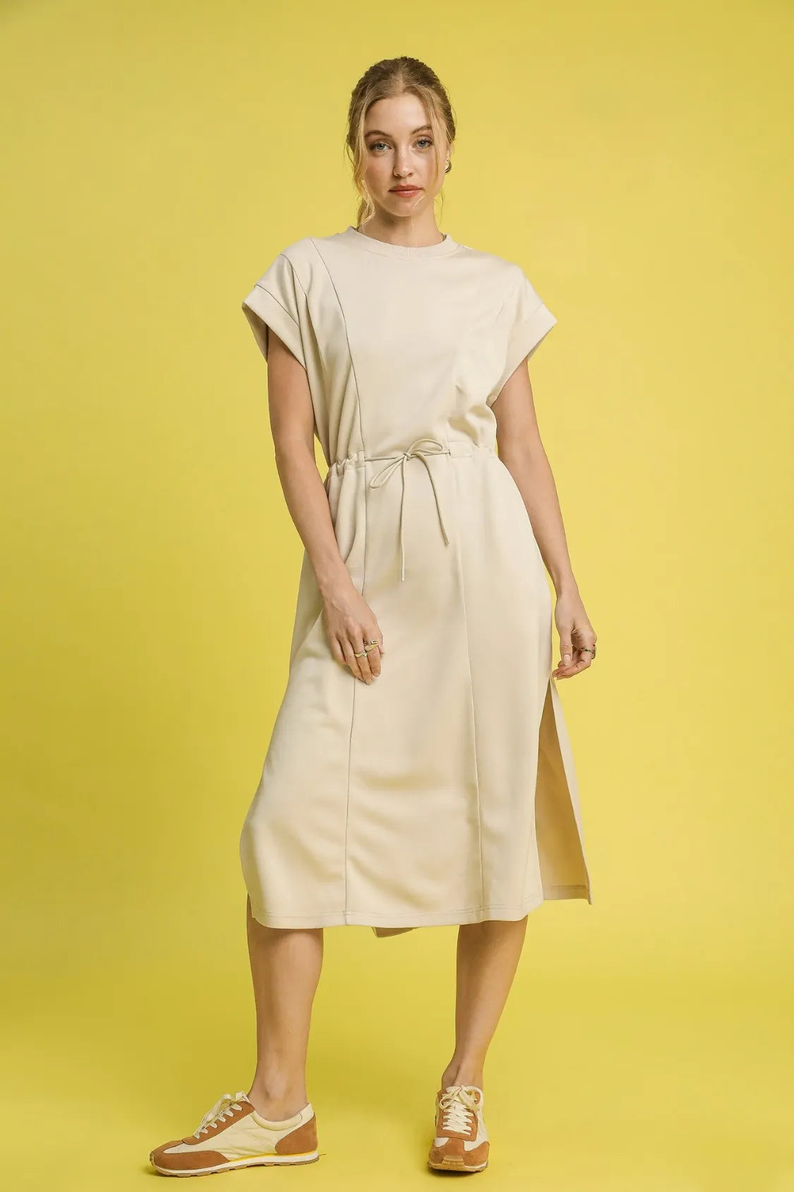 Side Slit Short Sleeve Midi Tee Dress-Women's midi tee dress blends laid-back comfort with easy style. Made from a soft cotton blend in a neutral beige tone, it features a classic crew neckline.-Reef Love Boho-Chic Boutique