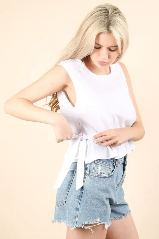 Women's White Side Tie Detail Ruffled Sleeveless Top is a chic and versatile piece - features ruffled sleeves and a side tie detail - Reef Love