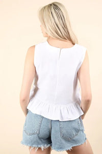 Women's White Side Tie Detail Ruffled Sleeveless Top is a chic and versatile piece - features ruffled sleeves and a side tie detail - Reef Love
