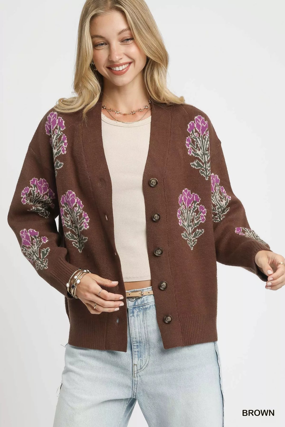 Single Flower Stem Jacquard Cardigan Sweater, Brown