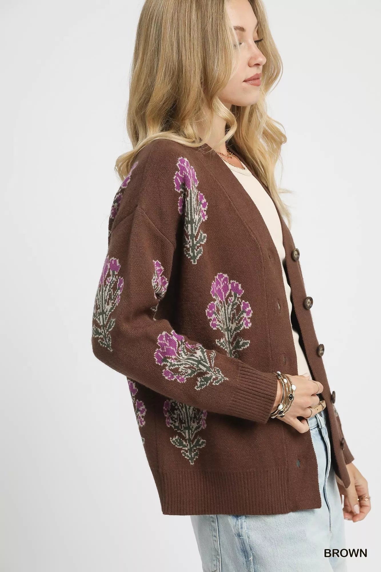 Single Flower Stem Jacquard Cardigan Sweater, Brown