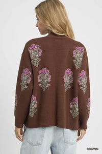 Single Flower Stem Jacquard Cardigan Sweater, Brown