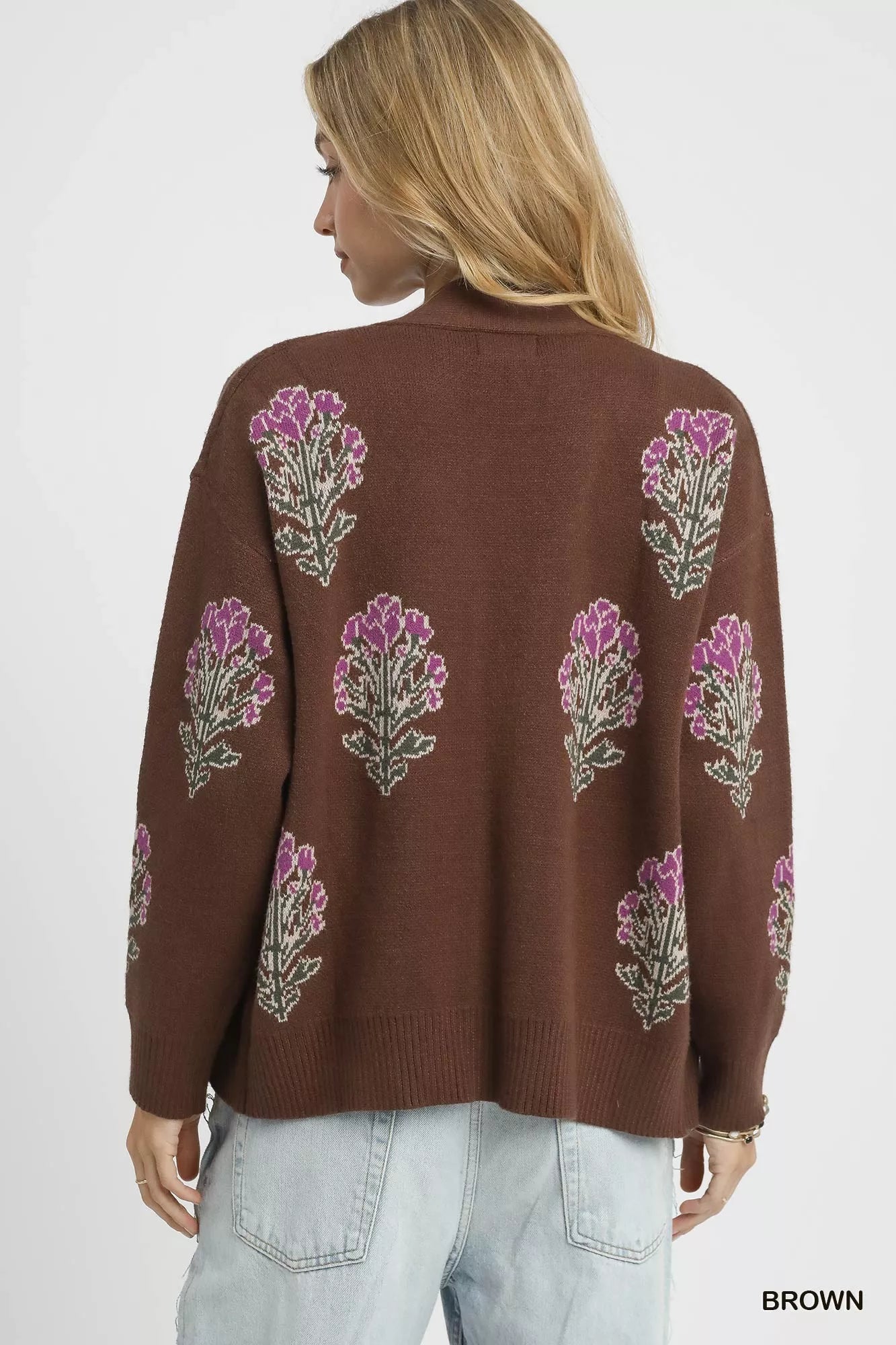 Single Flower Stem Jacquard Cardigan Sweater, Brown