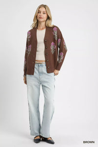 Single Flower Stem Jacquard Cardigan Sweater, Brown