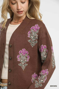 Single Flower Stem Jacquard Cardigan Sweater, Brown