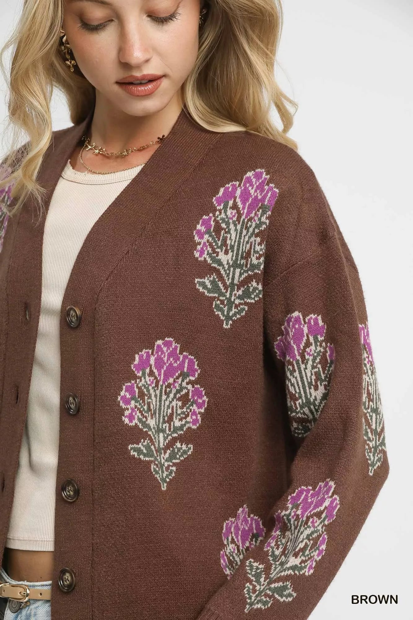 Single Flower Stem Jacquard Cardigan Sweater, Brown