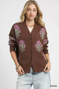 Single Flower Stem Jacquard Cardigan Sweater, Brown