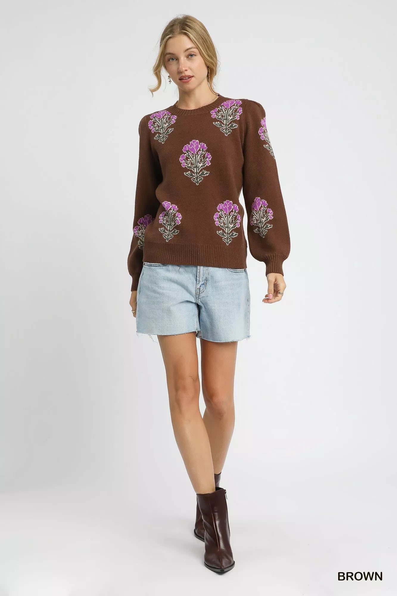 Single Flower Stem Jacquard Sweater, Brown-Reef Love