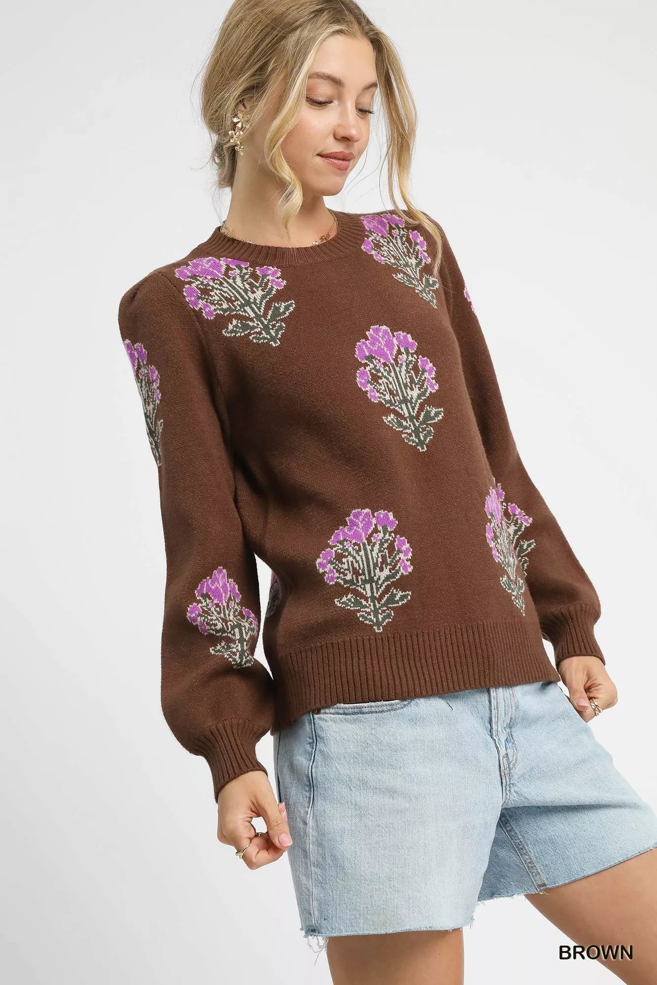 Single Flower Stem Jacquard Sweater, Brown-Reef Love