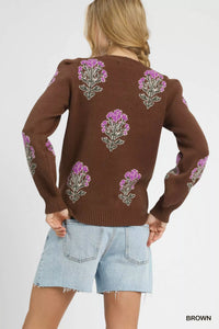 Single Flower Stem Jacquard Sweater, Brown-Reef Love