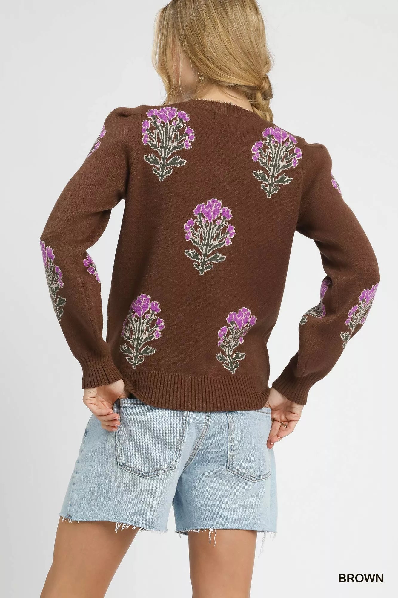 Single Flower Stem Jacquard Sweater, Brown-Reef Love