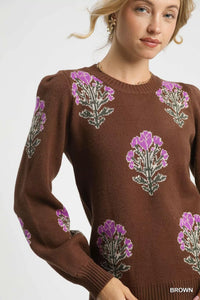 Single Flower Stem Jacquard Sweater, Brown-Reef Love