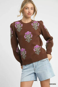 Single Flower Stem Jacquard Sweater, Brown-Reef Love