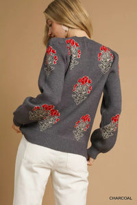 Umgee Single Flower Stem Jacquard Sweater