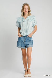 Sky Blue Tied Collared Short Sleeve Button Down Blouse-Sky Blue Tied Collared Short Sleeve Button Down Blouse. The tied collared short sleeve button down blouse in sky blue a stylish and versatile wardrobe piece. -Reef Love