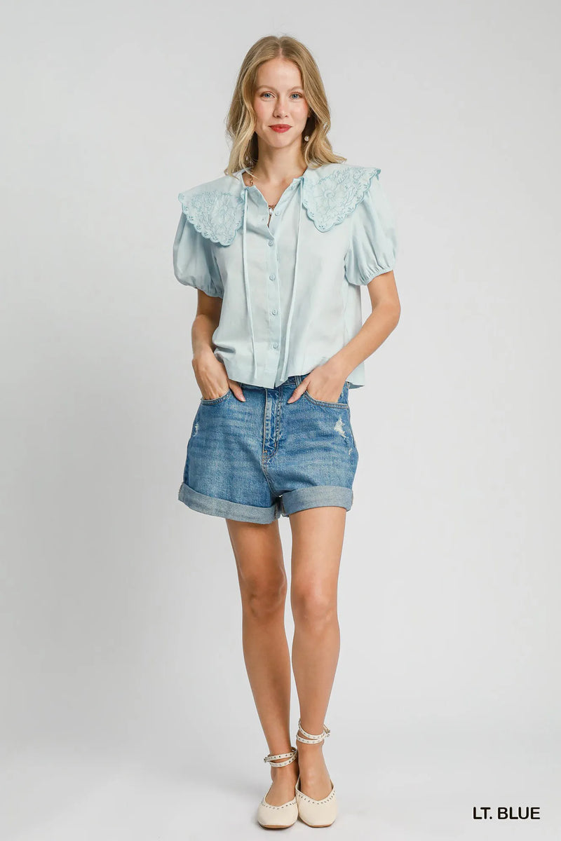 Sky Blue Tied Collared Short Sleeve Button Down Blouse-Sky Blue Tied Collared Short Sleeve Button Down Blouse. The tied collared short sleeve button down blouse in sky blue a stylish and versatile wardrobe piece. -Reef Love